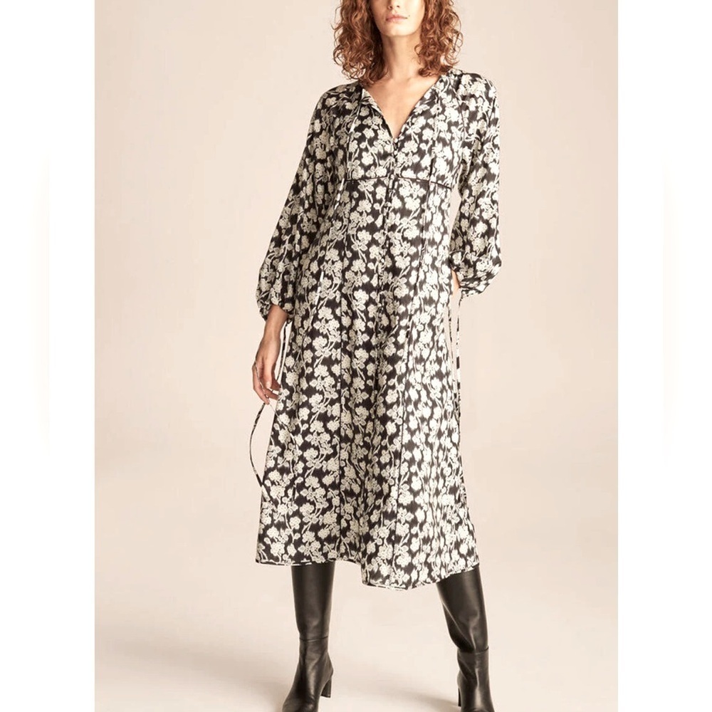 Rebecca Taylor Alicia Fleur Midi Dress Black Combo Tencel Size 8 retails $395